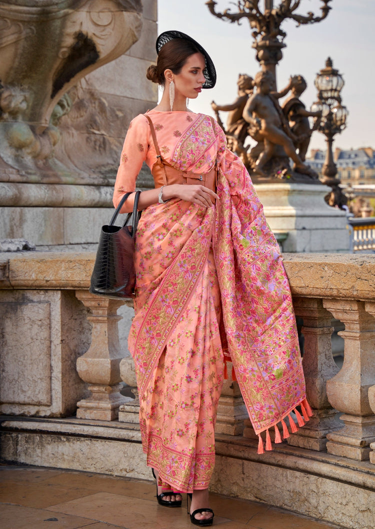 Peach Graceful Organza Silk Parsi Handloom Weaving Saree with Blouse Piece