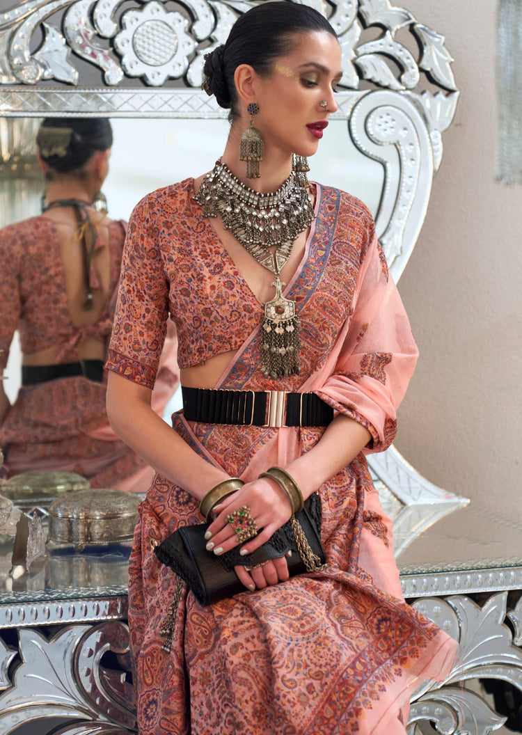 Peach Graceful Silk Saree with Unstitched Blouse Piece Elegant Ethnic Wear
