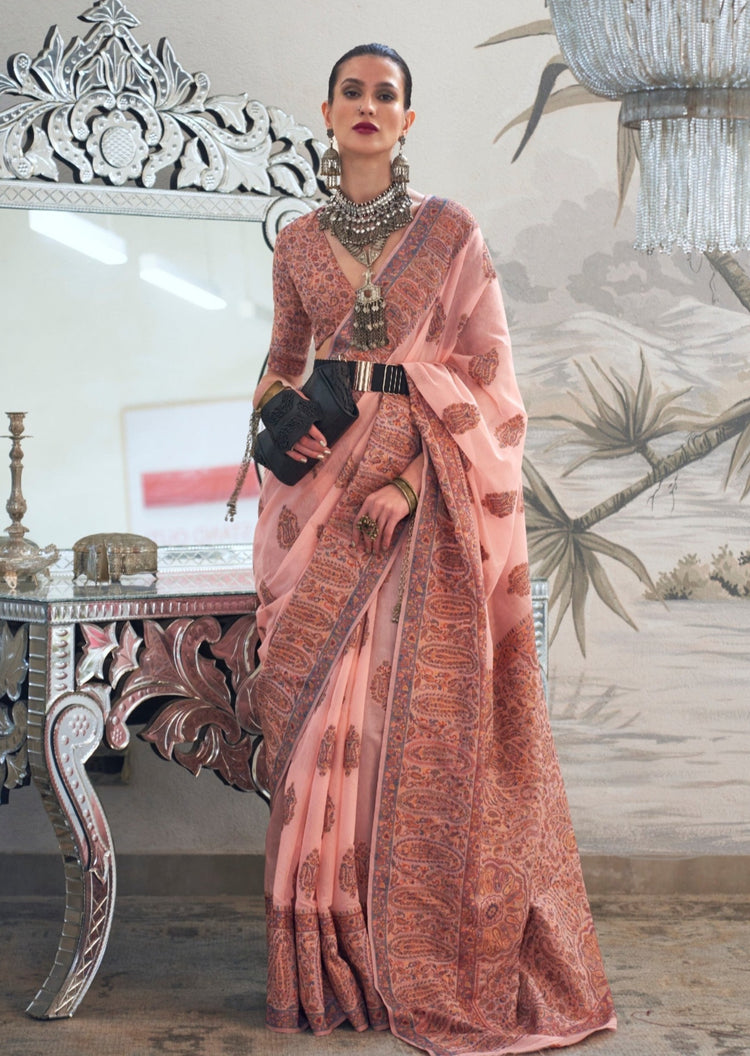 Peach Graceful Silk Saree with Unstitched Blouse Piece Elegant Ethnic Wear