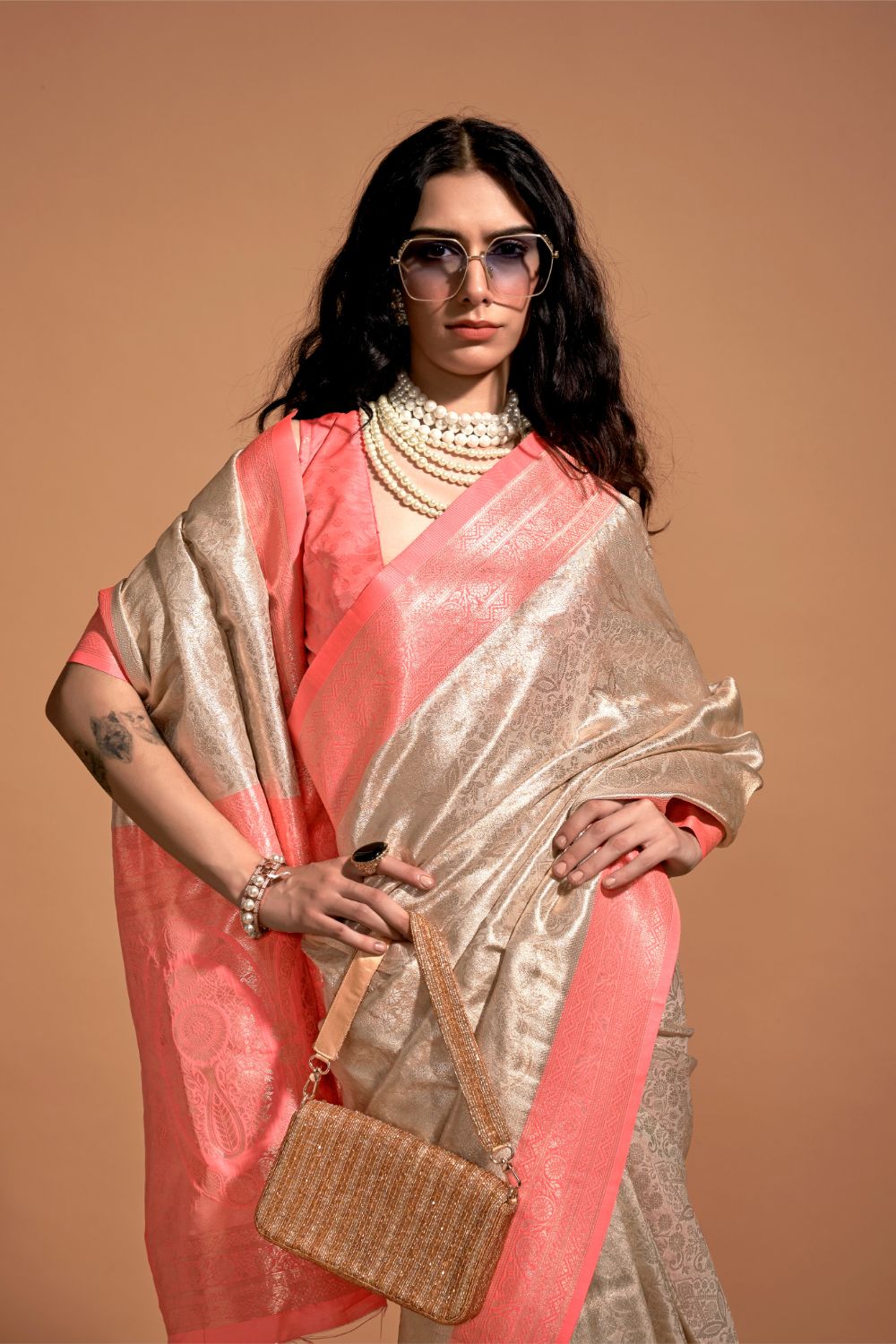 Peach Handwoven Kanjivaram Silk Saree with Blouse Piece