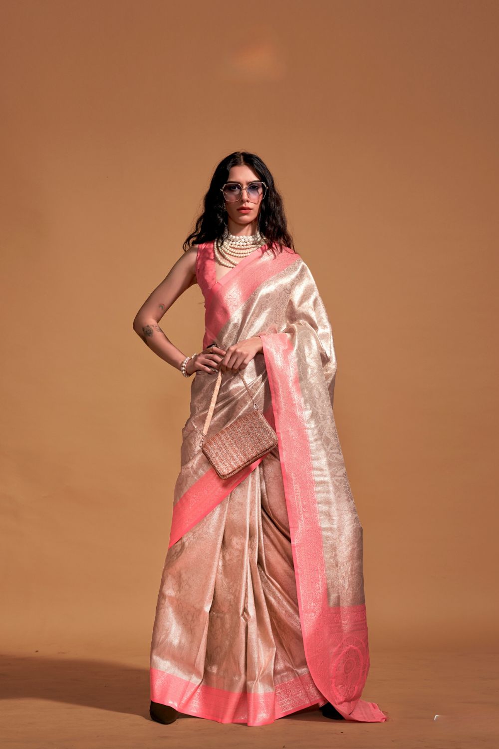 Peach Handwoven Kanjivaram Silk Saree with Blouse Piece