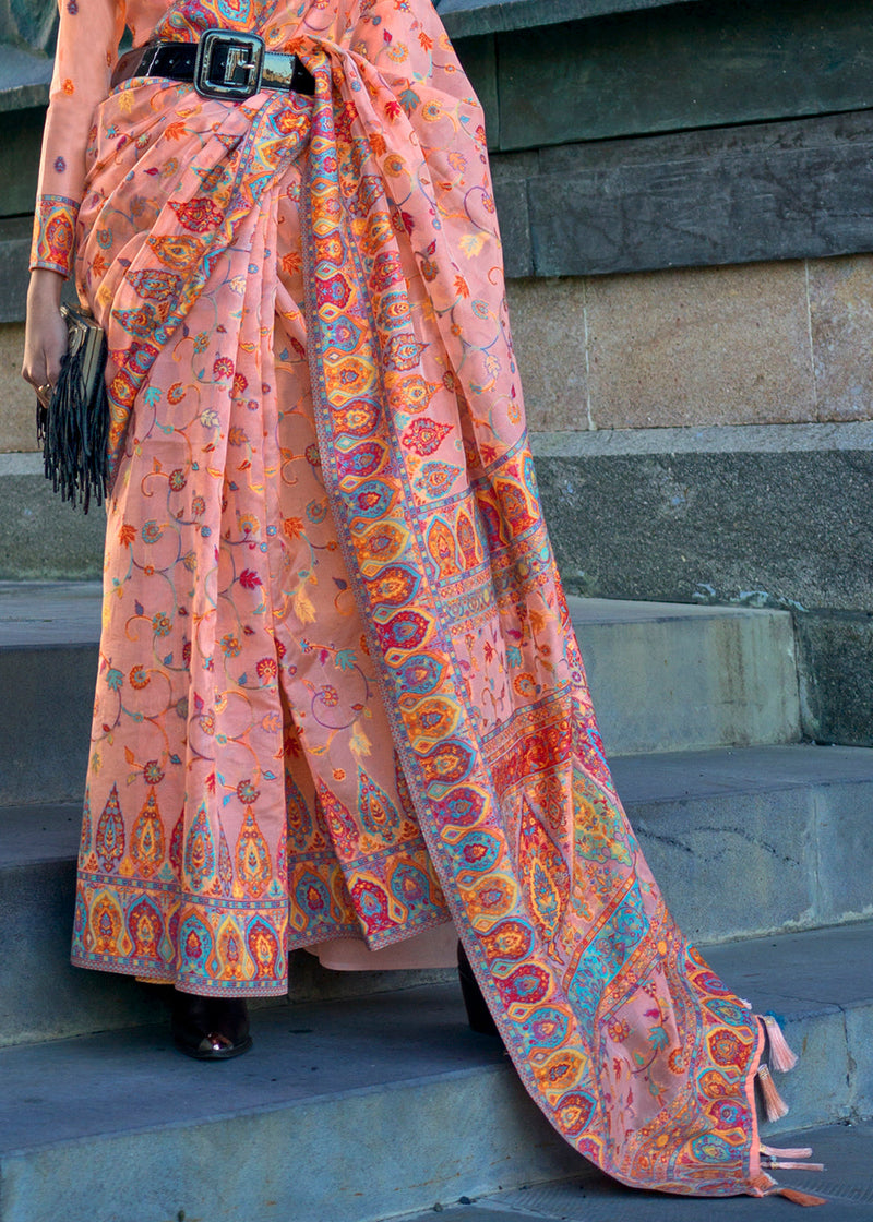 Peach Jamawar Woven Organza Silk Saree – Traditional Elegance with Blouse Piece