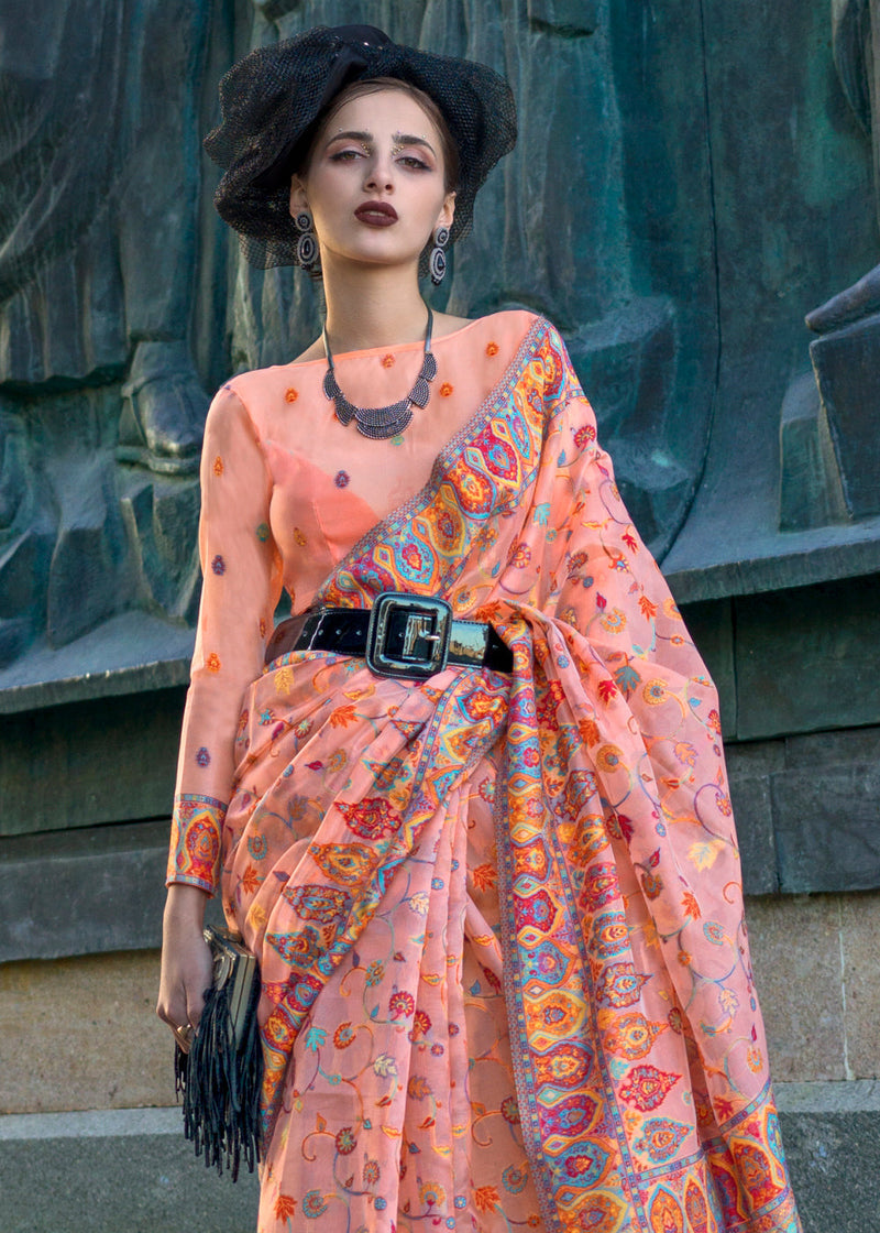 Peach Jamawar Woven Organza Silk Saree – Traditional Elegance with Blouse Piece