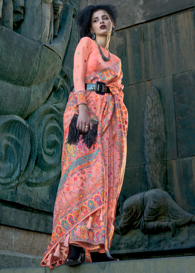 Peach Jamawar Woven Organza Silk Saree – Traditional Elegance with Blouse Piece