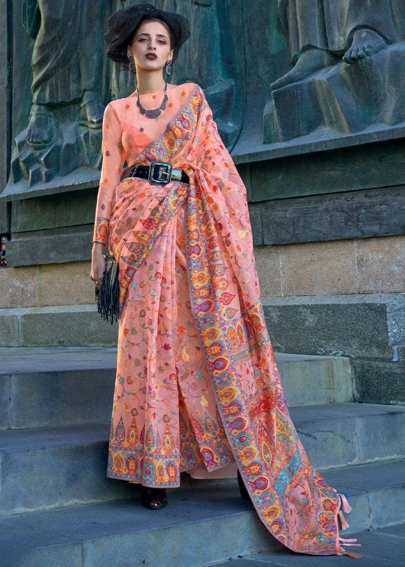 Peach Jamawar Woven Organza Silk Saree – Traditional Elegance with Blouse Piece