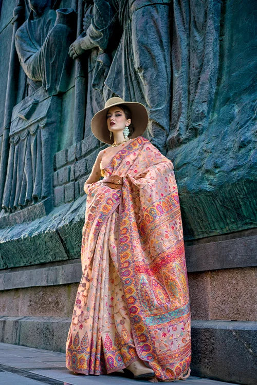 Peach Jamawar Woven Organza Silk Saree – Traditional Elegance with Blouse Piece