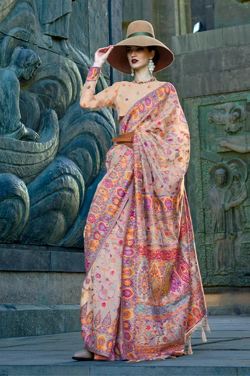 Peach Jamawar Woven Organza Silk Saree – Traditional Elegance with Blouse Piece