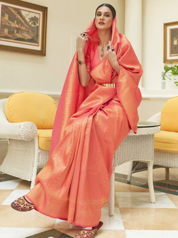 Peach Kanjivaram Silk Saree with Sequins Zari
