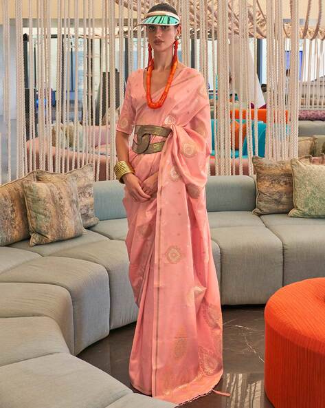 Peach Luxurious Pure Silk Banarasi Saree with Unstitched Blouse Piece