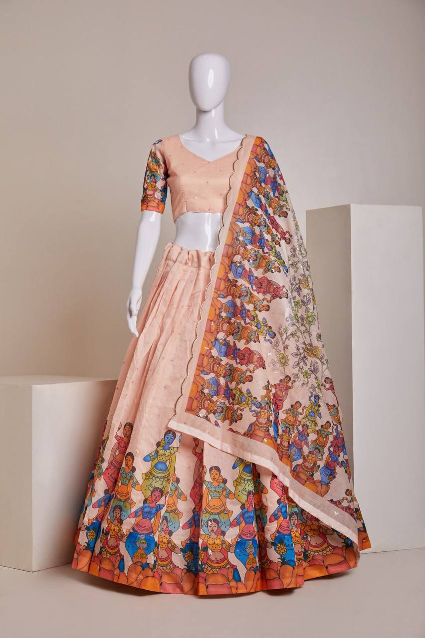 Peach Luxury Heavy Silk Lehenga Set with Embroidery, Sequins & Printed Detailing
