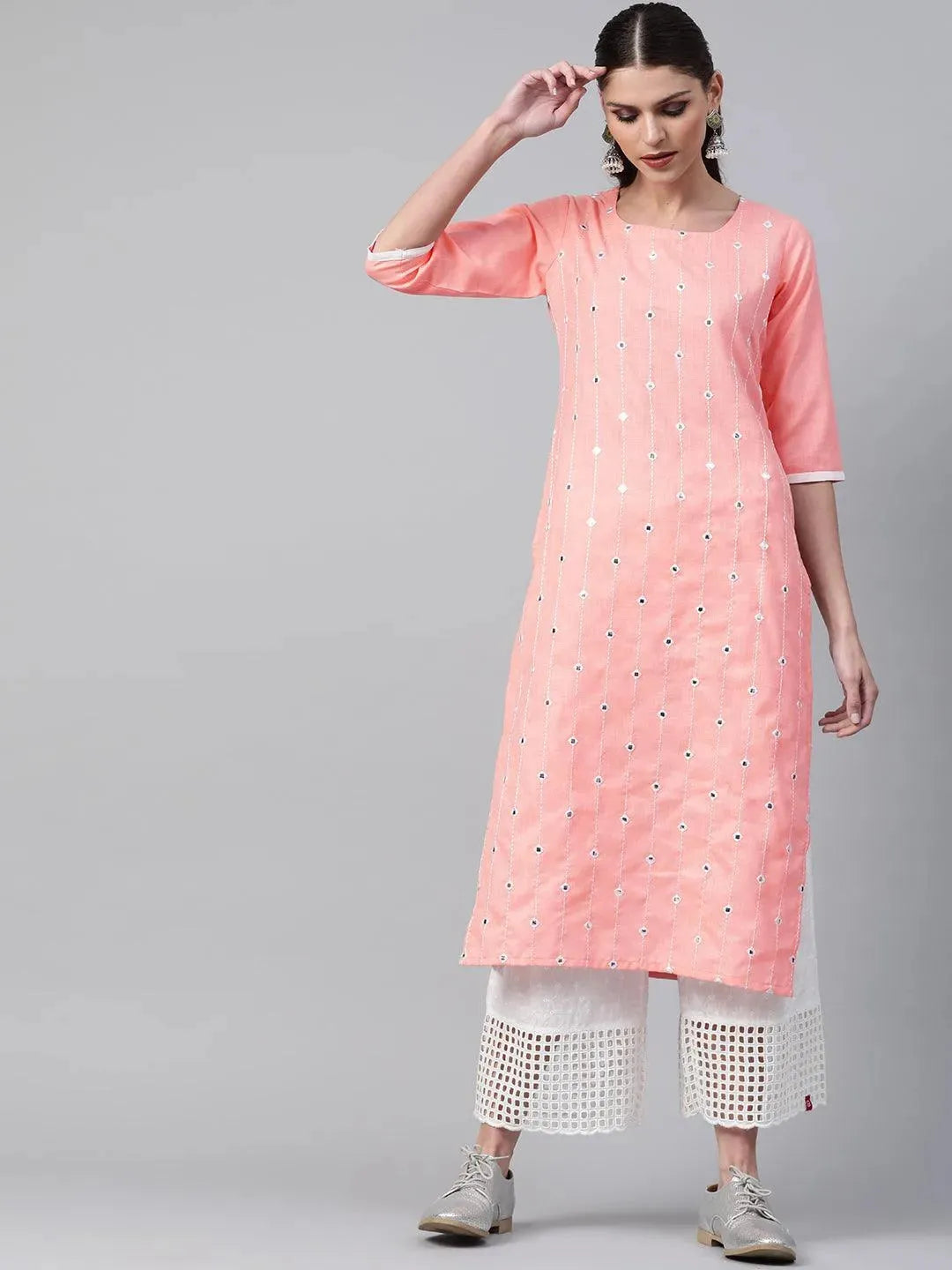 Anouk Peach Mirror Work Cotton Kurta