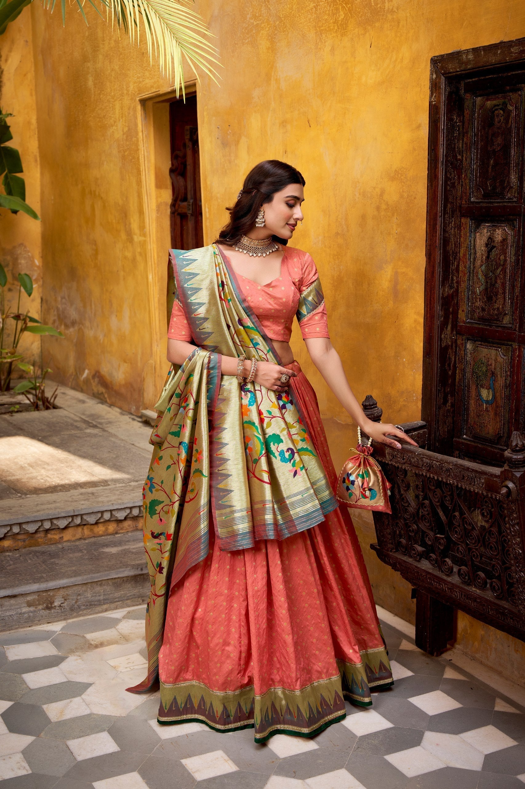 Peach Paithani Lehenga Set with Batwa