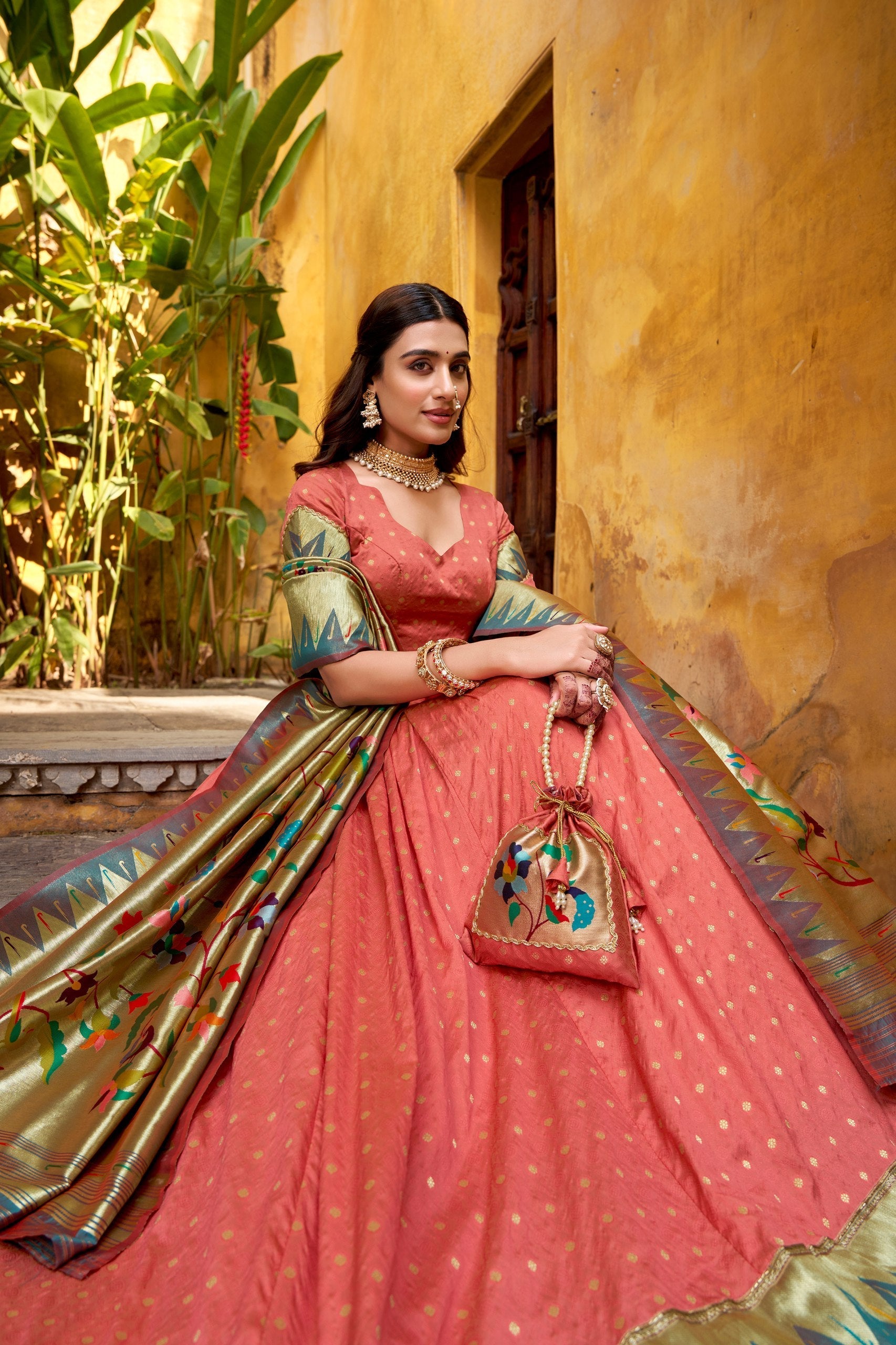 Peach Paithani Lehenga Set with Batwa
