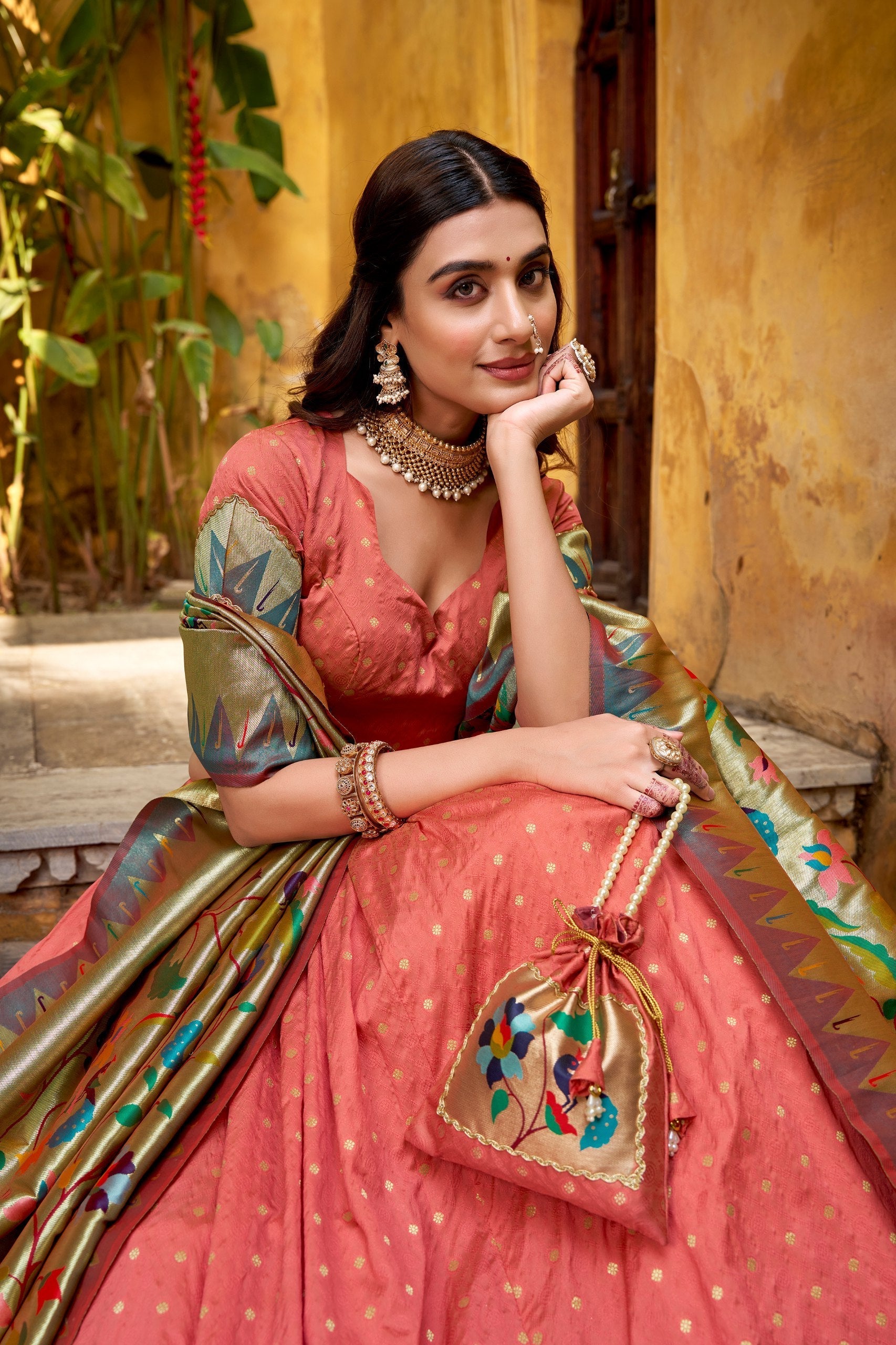 Peach Paithani Lehenga Set with Batwa