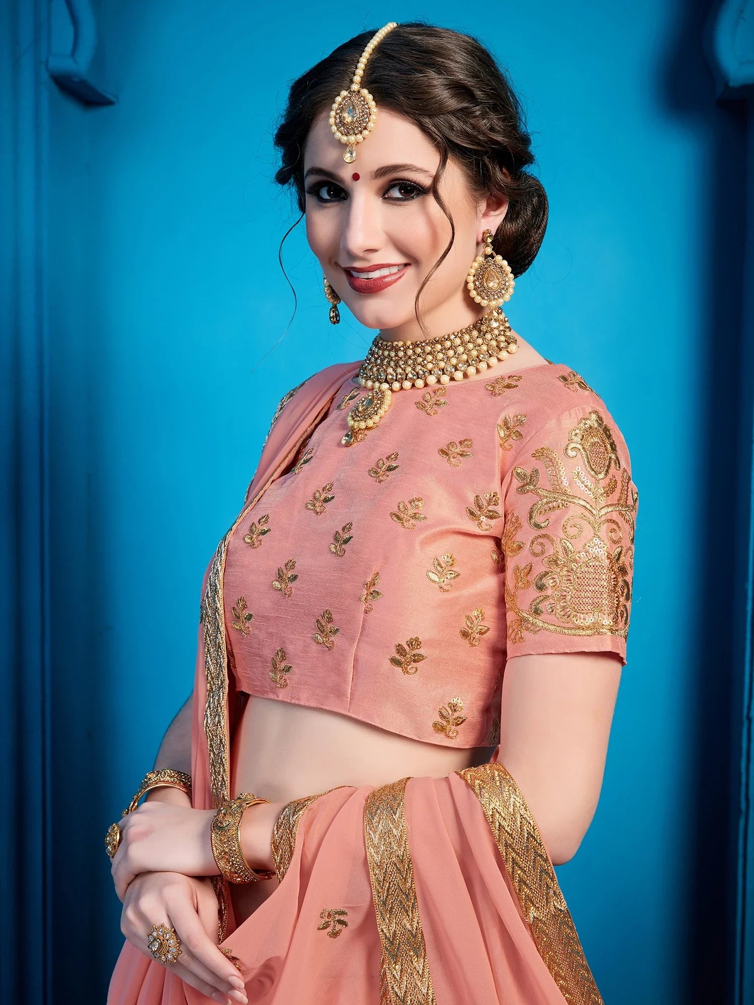 Peach Pakistani Art Silk Lehenga Choli For Indian Festival & Weddings - Sequence Embroidery Work, Zari Work