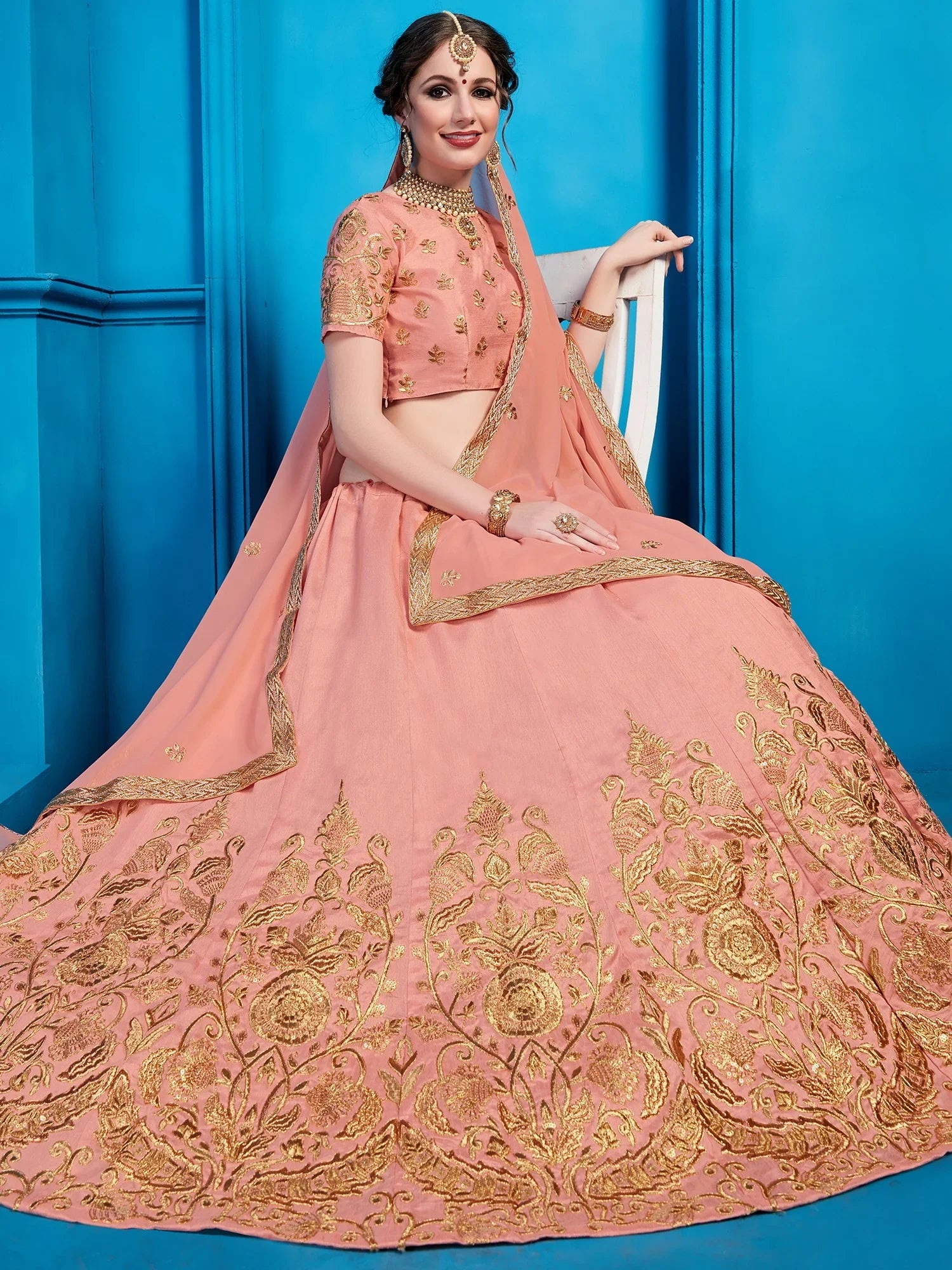 Peach Pakistani Art Silk Lehenga Choli For Indian Festival & Weddings - Sequence Embroidery Work, Zari Work