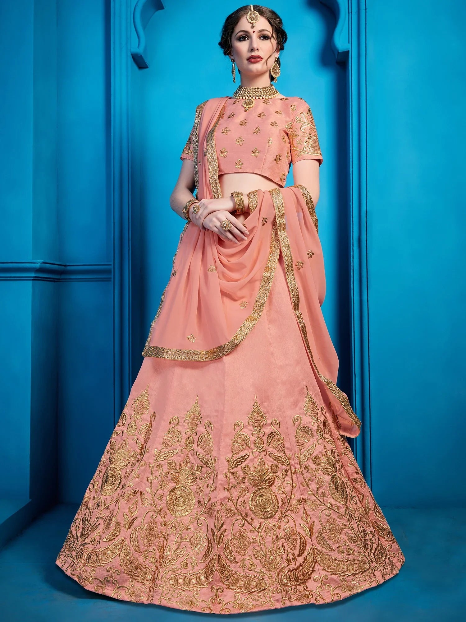 Peach Pakistani Art Silk Lehenga Choli For Indian Festival & Weddings - Sequence Embroidery Work, Zari Work