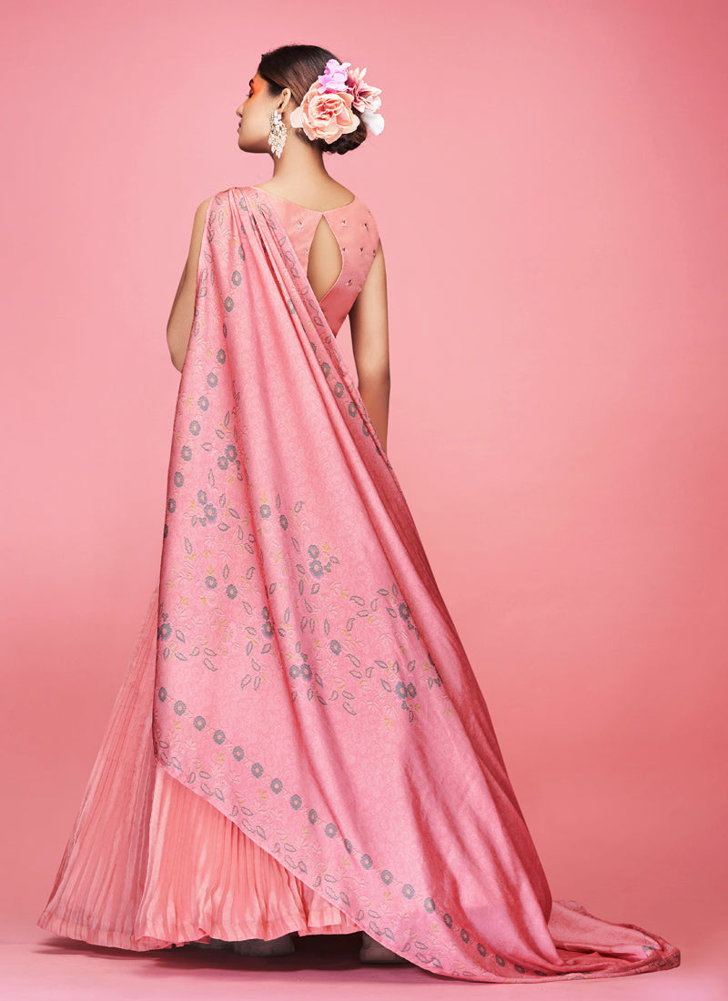 Peach Pakistani Art Silk Lehenga Choli For Indian Festival & Weddings - Thread Embroidery Work,