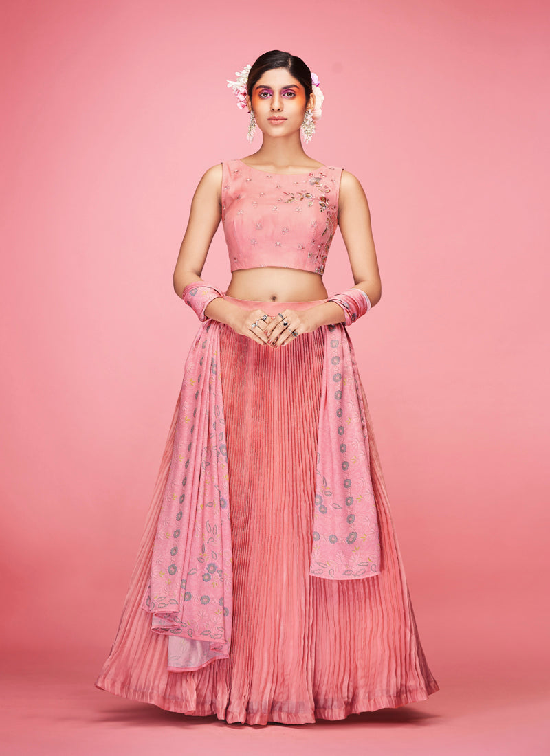 Peach Pakistani Art Silk Lehenga Choli For Indian Festival & Weddings - Thread Embroidery Work,