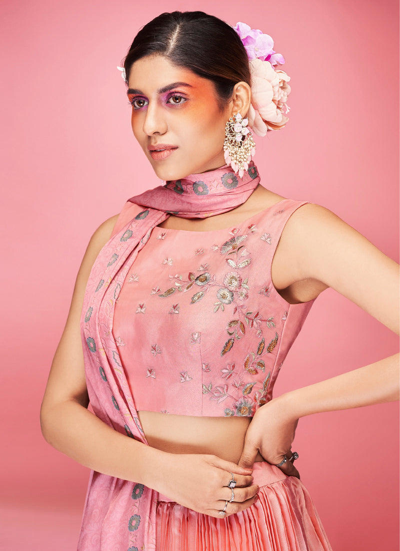 Peach Pakistani Art Silk Lehenga Choli For Indian Festival & Weddings - Thread Embroidery Work,