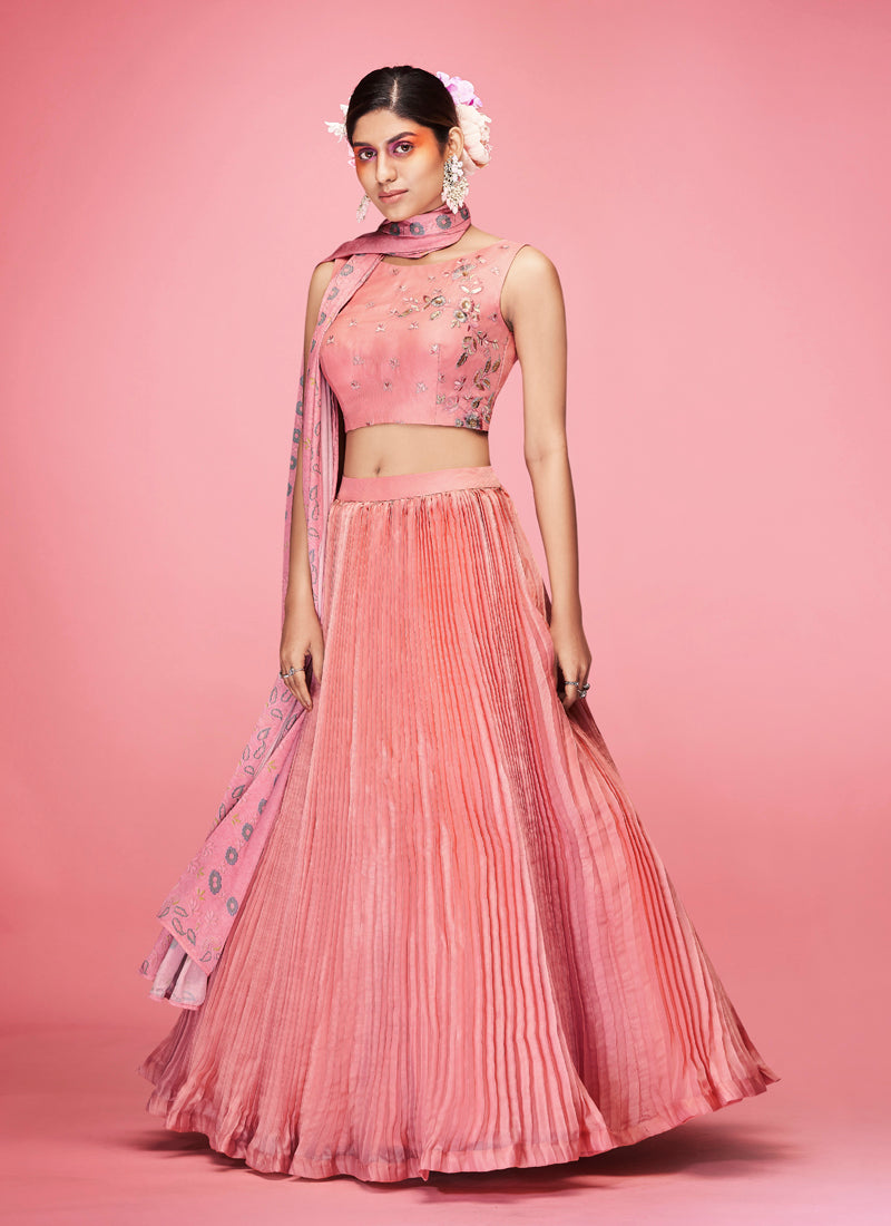 Peach Pakistani Art Silk Lehenga Choli For Indian Festival & Weddings - Thread Embroidery Work,