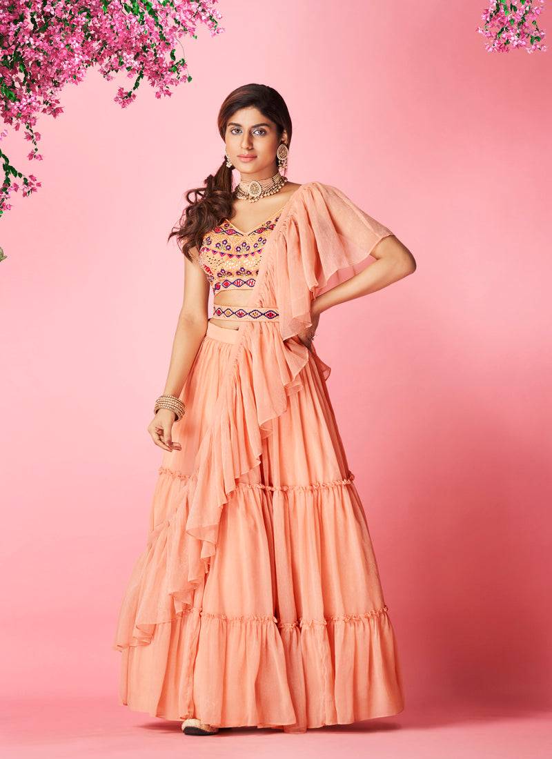 Peach Pakistani Art Silk Lehenga Choli For Indian Festival & Weddings - Thread Embroidery Work,