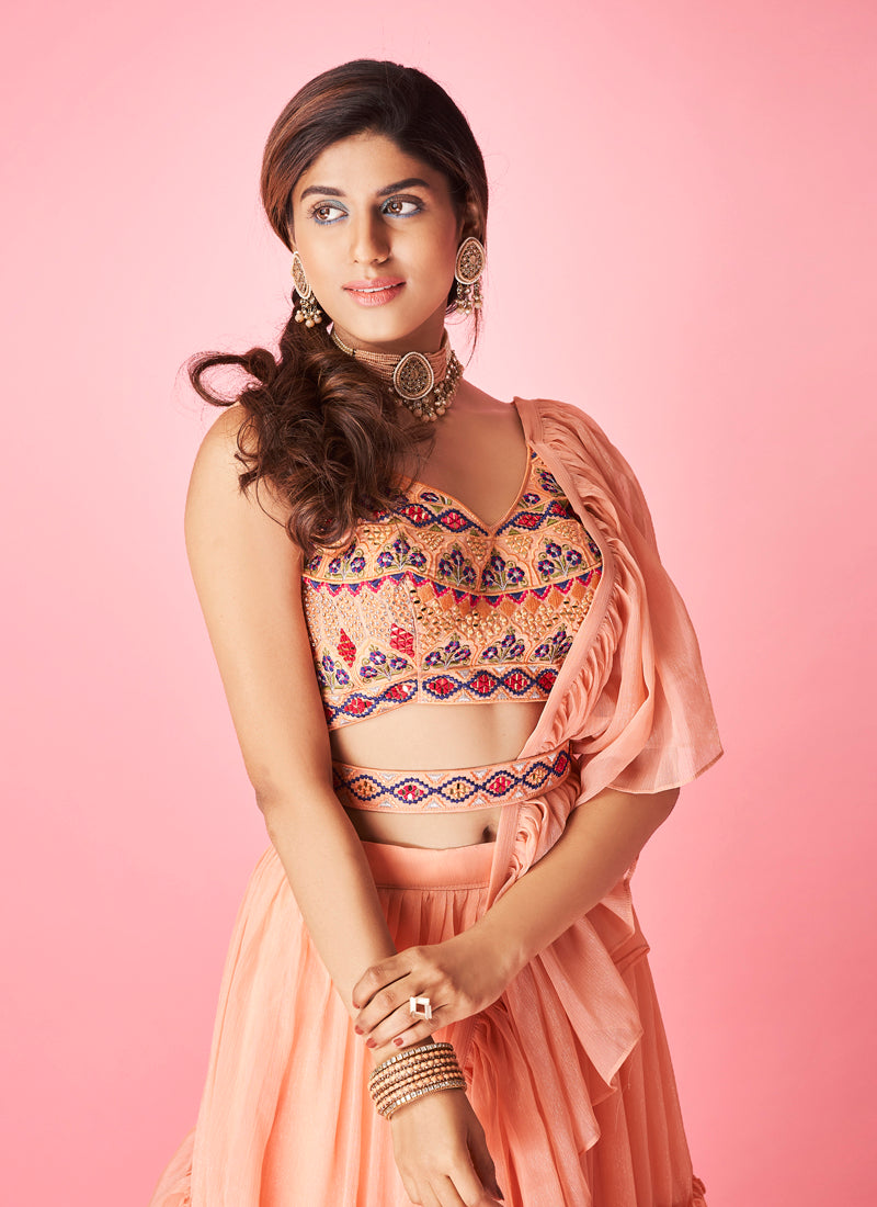Peach Pakistani Art Silk Lehenga Choli For Indian Festival & Weddings - Thread Embroidery Work,