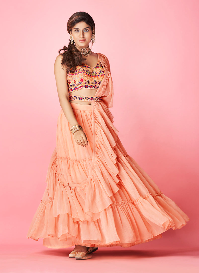 Peach Pakistani Art Silk Lehenga Choli For Indian Festival & Weddings - Thread Embroidery Work,