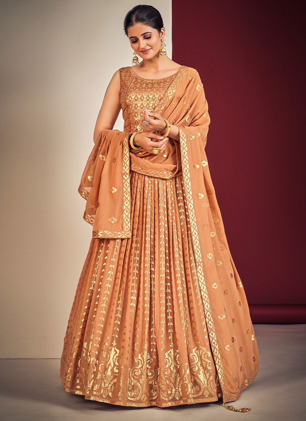 Peach Pakistani Georgette Lehenga Choli For Indian Festivals & Weddings - Sequence Embroidery Work, Mirror Work