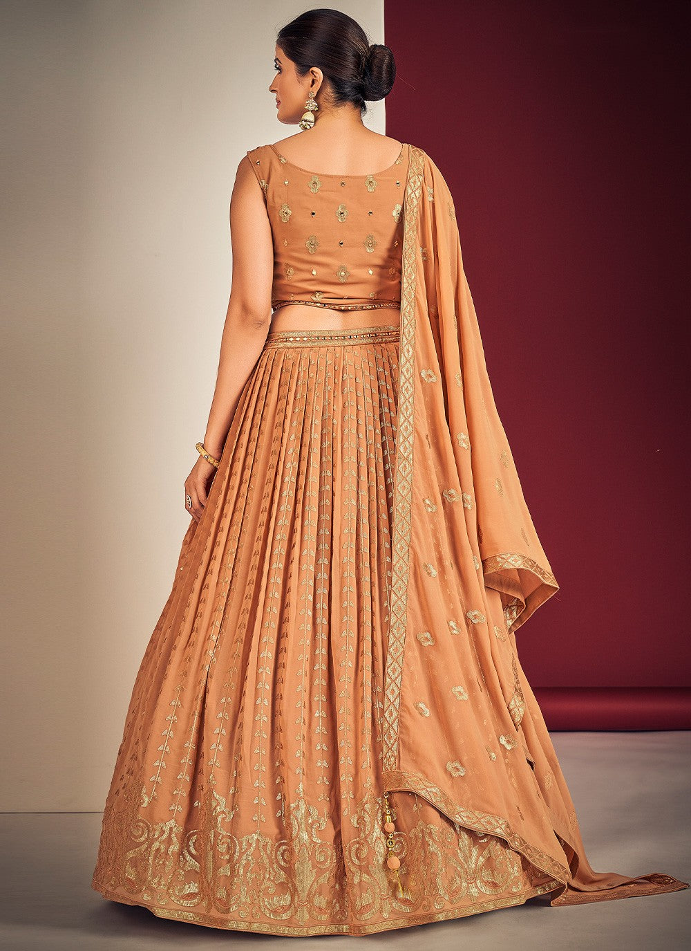 Peach Pakistani Georgette Lehenga Choli For Indian Festivals & Weddings - Sequence Embroidery Work, Mirror Work