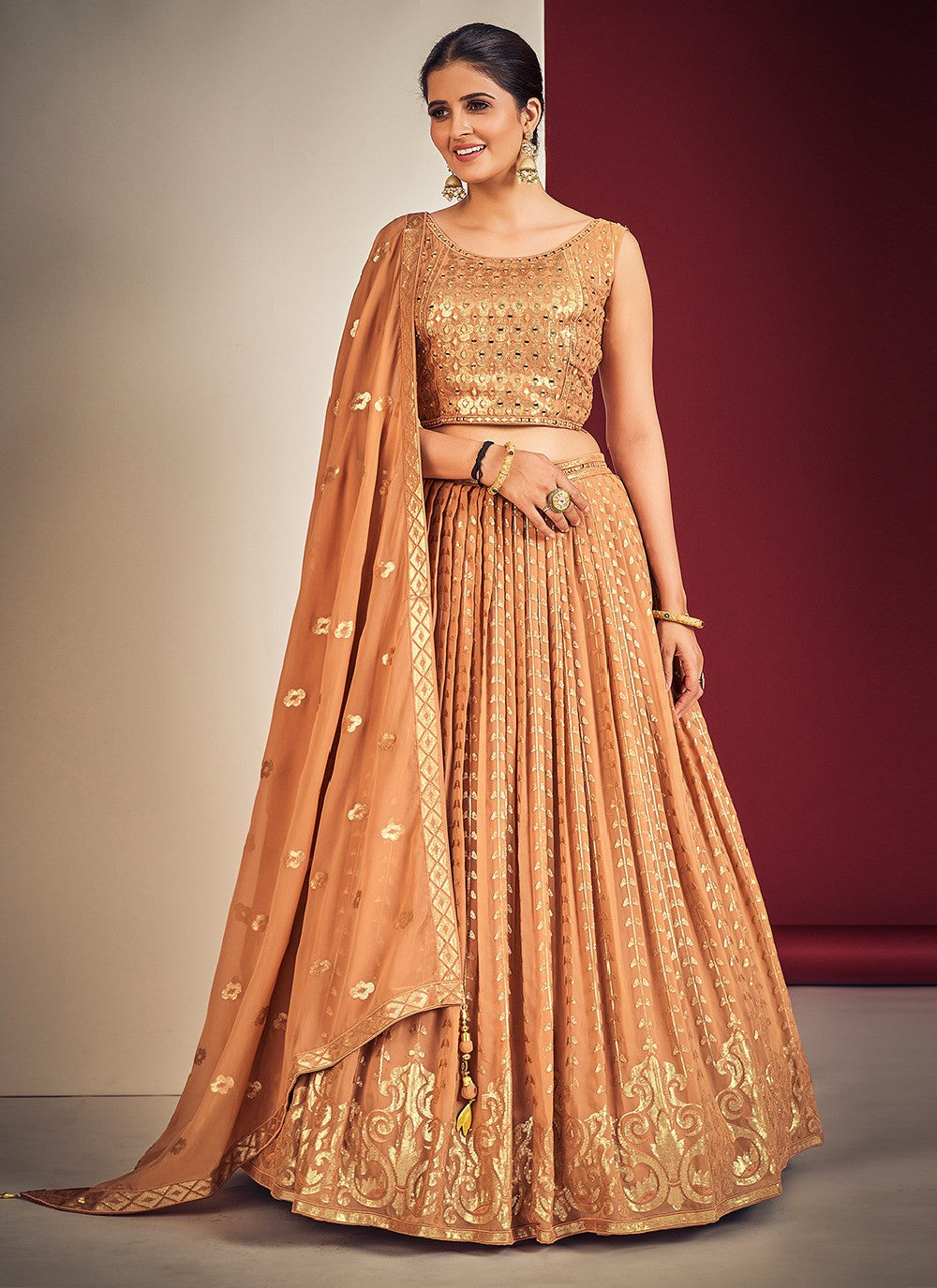 Peach Pakistani Georgette Lehenga Choli For Indian Festivals & Weddings - Sequence Embroidery Work, Mirror Work