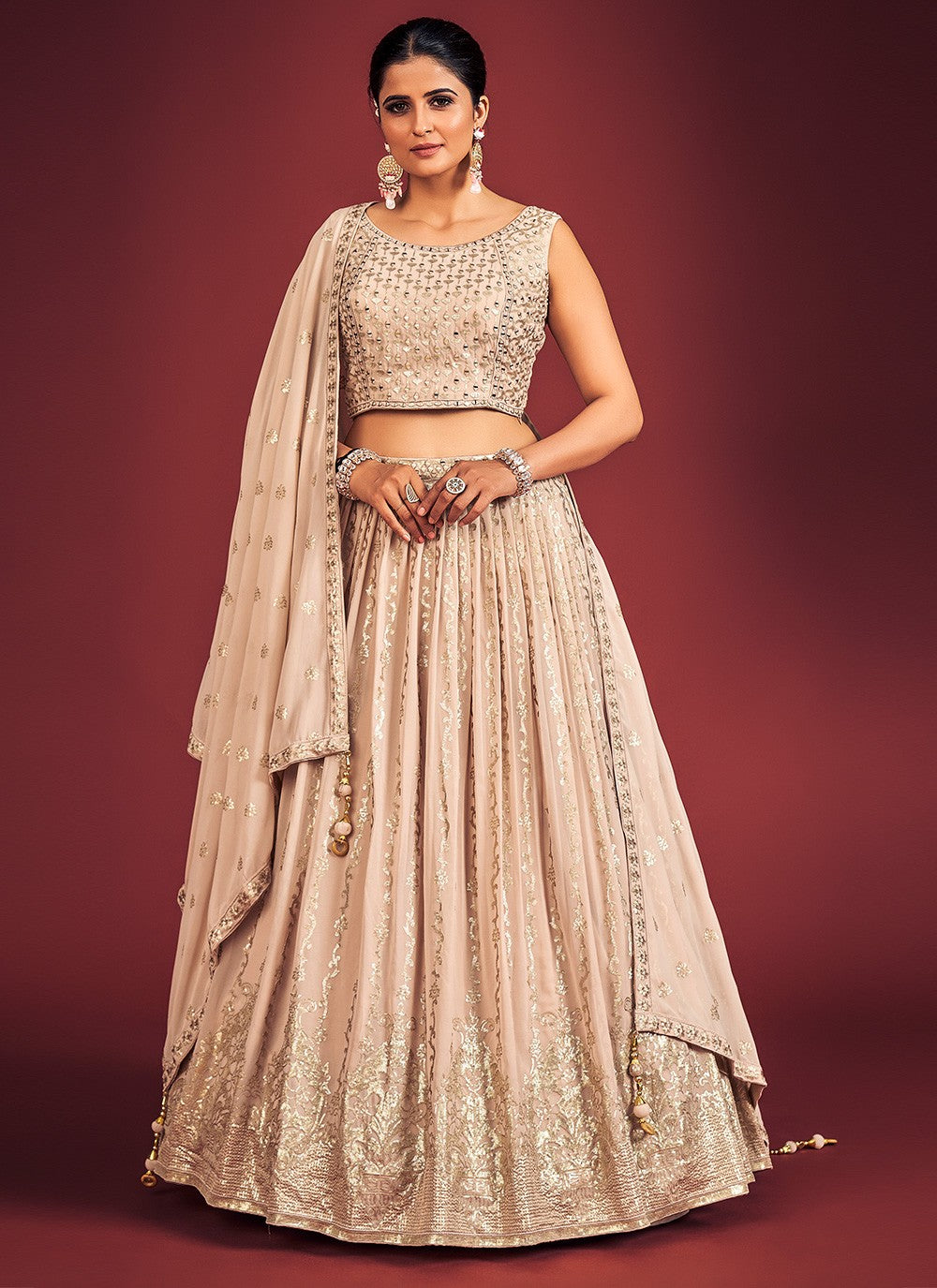 Peach Pakistani Georgette Lehenga Choli For Indian Festivals & Weddings - Sequence Embroidery Work, Mirror Work
