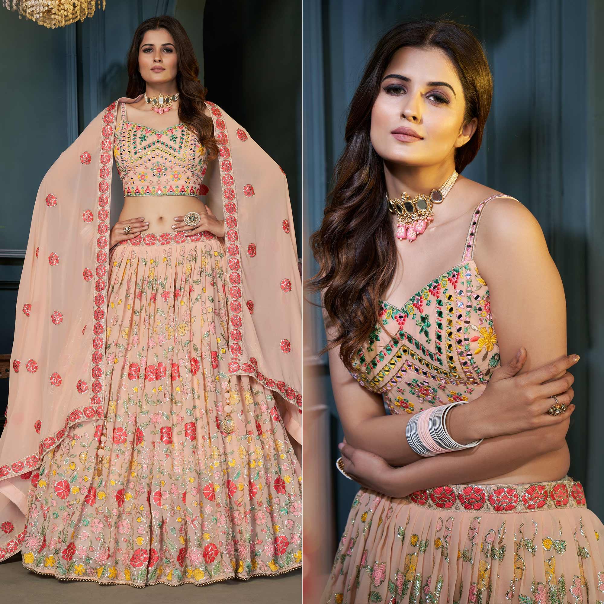 Peach Partywear Resham Sequins Georgette Lehenga Choli