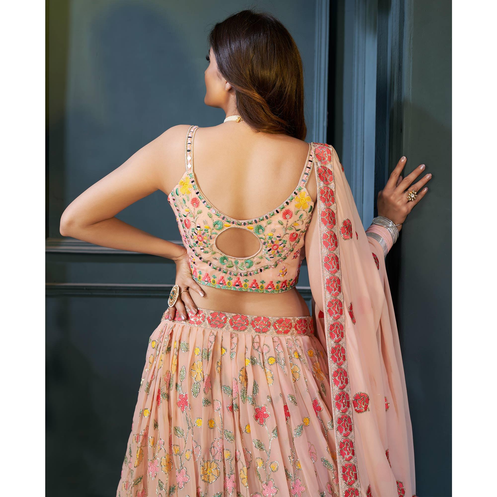 Peach Partywear Resham Sequins Georgette Lehenga Choli
