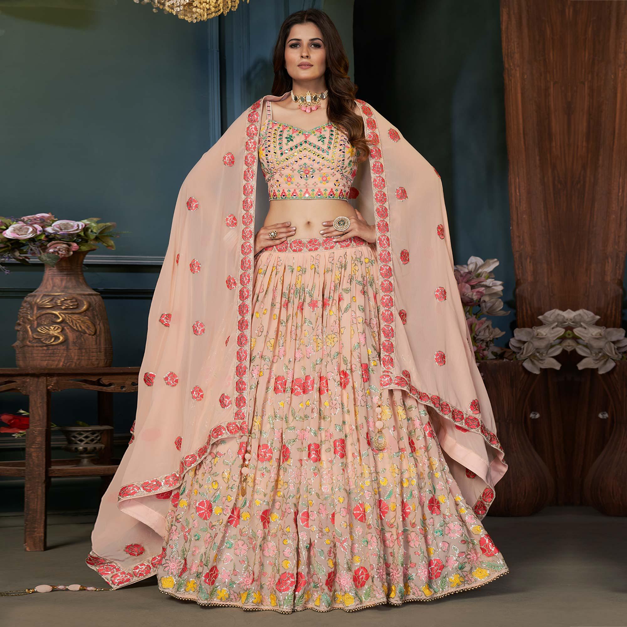 Peach Partywear Resham Sequins Georgette Lehenga Choli