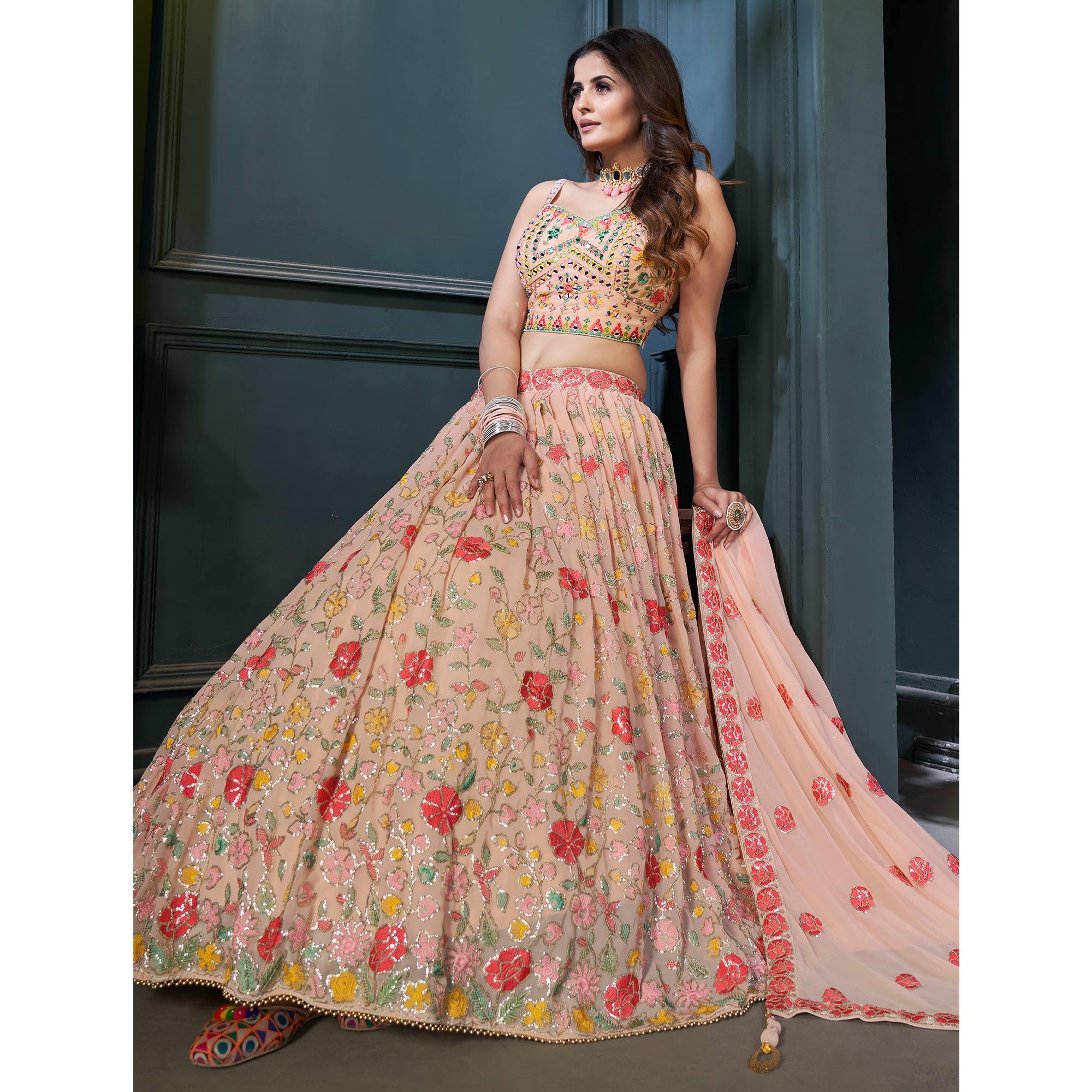 Peach Partywear Resham Sequins Georgette Lehenga Choli