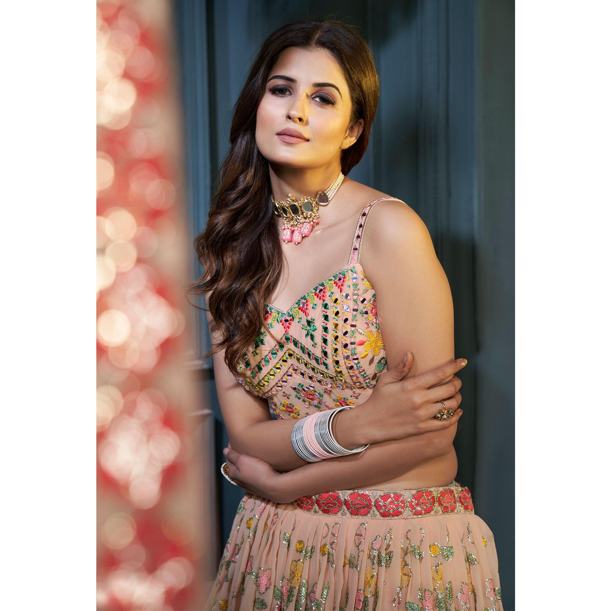 Peach Partywear Resham Sequins Georgette Lehenga Choli