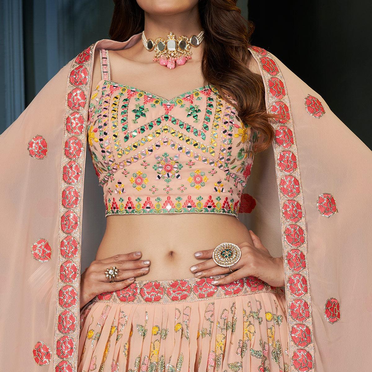 Peach Partywear Resham Sequins Georgette Lehenga Choli