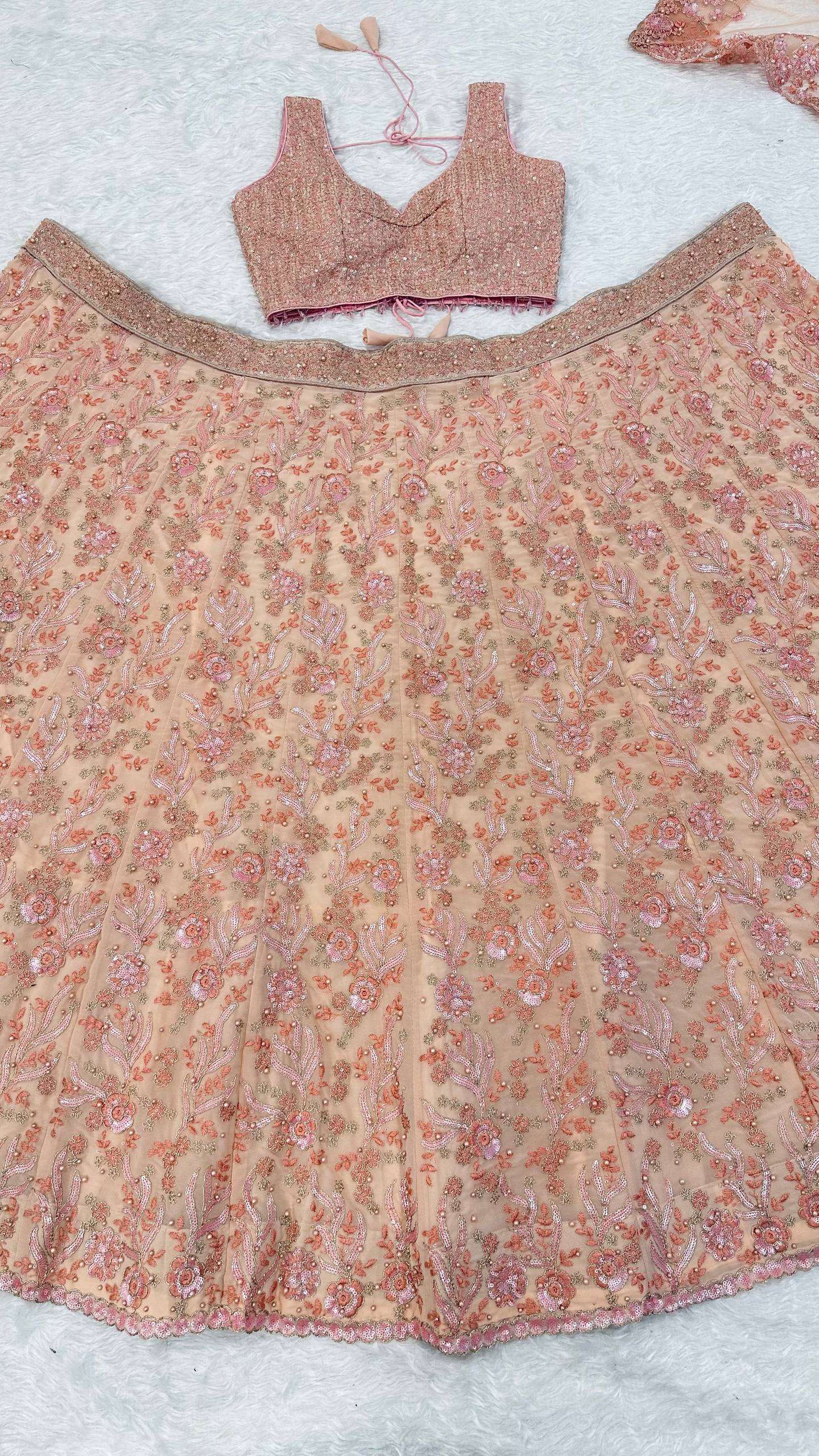 Peach Pastel Georgette Lehenga Set with Sequins, Dori & Pearl Beads Work