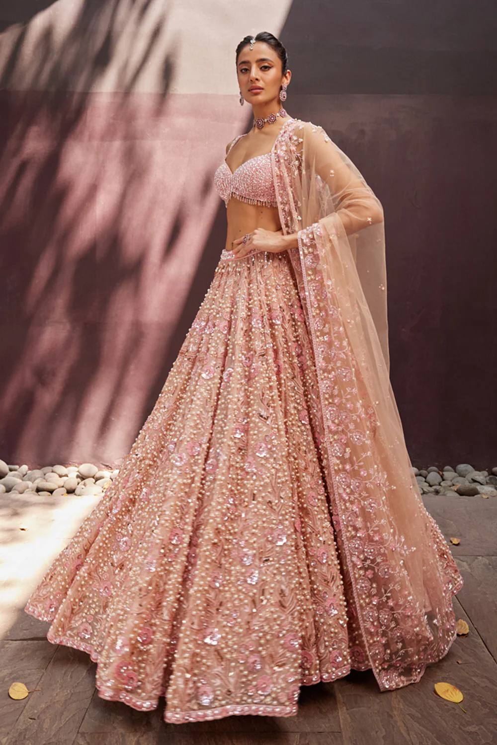 Peach Pastel Georgette Lehenga Set with Sequins, Dori & Pearl Beads Work