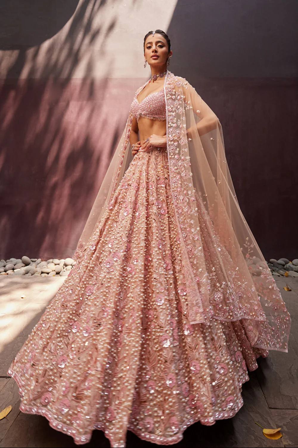 Peach Pastel Georgette Lehenga Set with Sequins, Dori & Pearl Beads Work