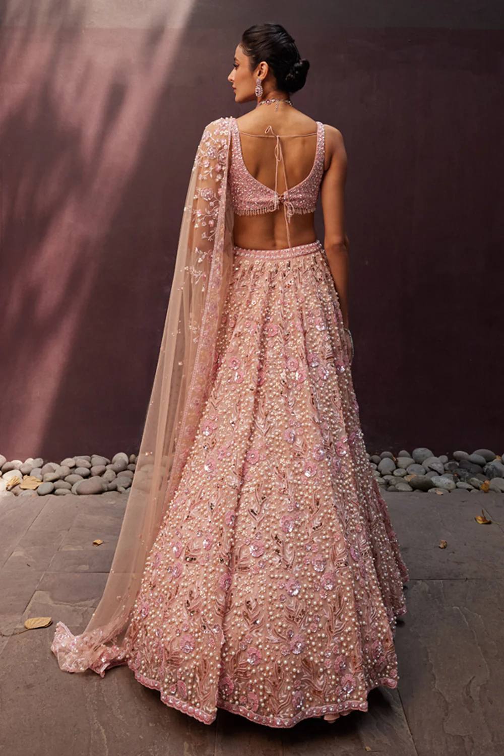 Peach Pastel Georgette Lehenga Set with Sequins, Dori & Pearl Beads Work