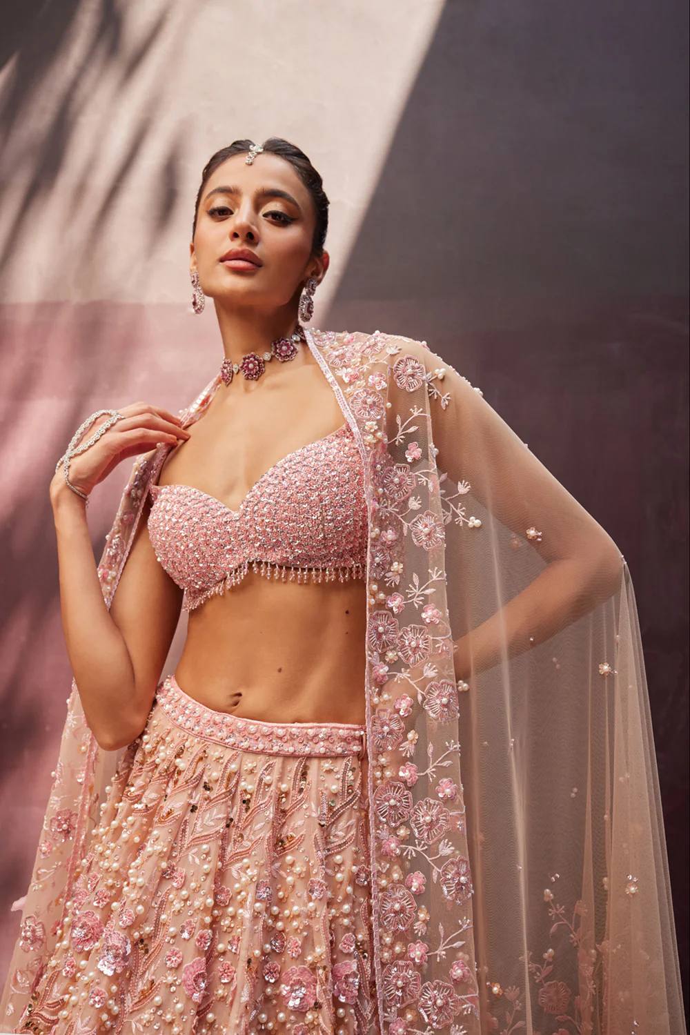Peach Pastel Georgette Lehenga Set with Sequins, Dori & Pearl Beads Work
