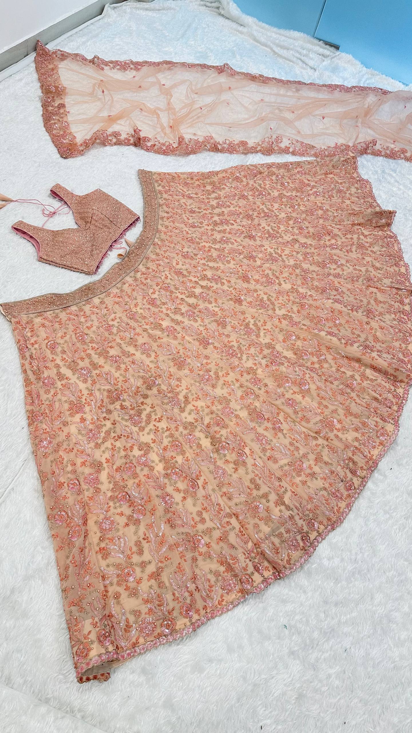 Peach Pastel Georgette Lehenga Set with Sequins, Dori & Pearl Beads Work