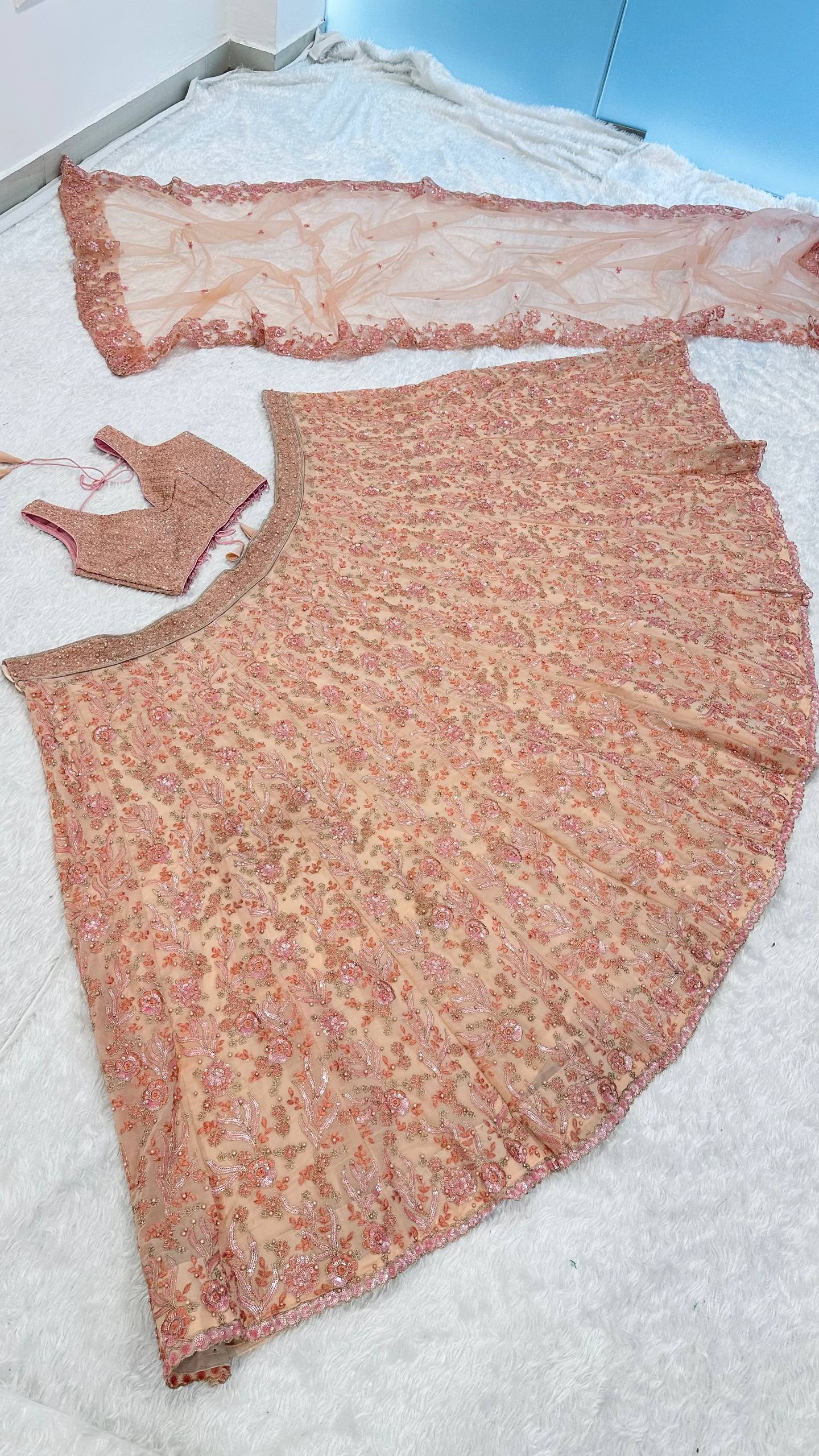 Peach Pastel Georgette Lehenga Set with Sequins, Dori & Pearl Beads Work