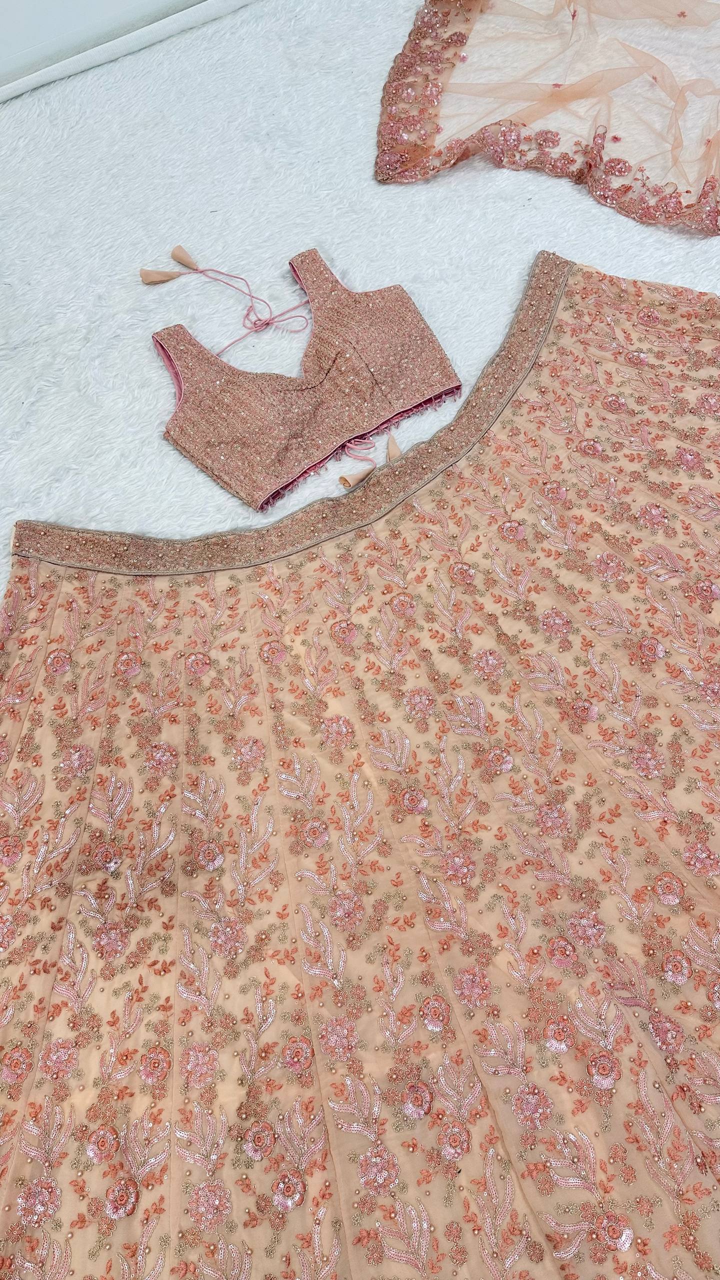 Peach Pastel Georgette Lehenga Set with Sequins, Dori & Pearl Beads Work