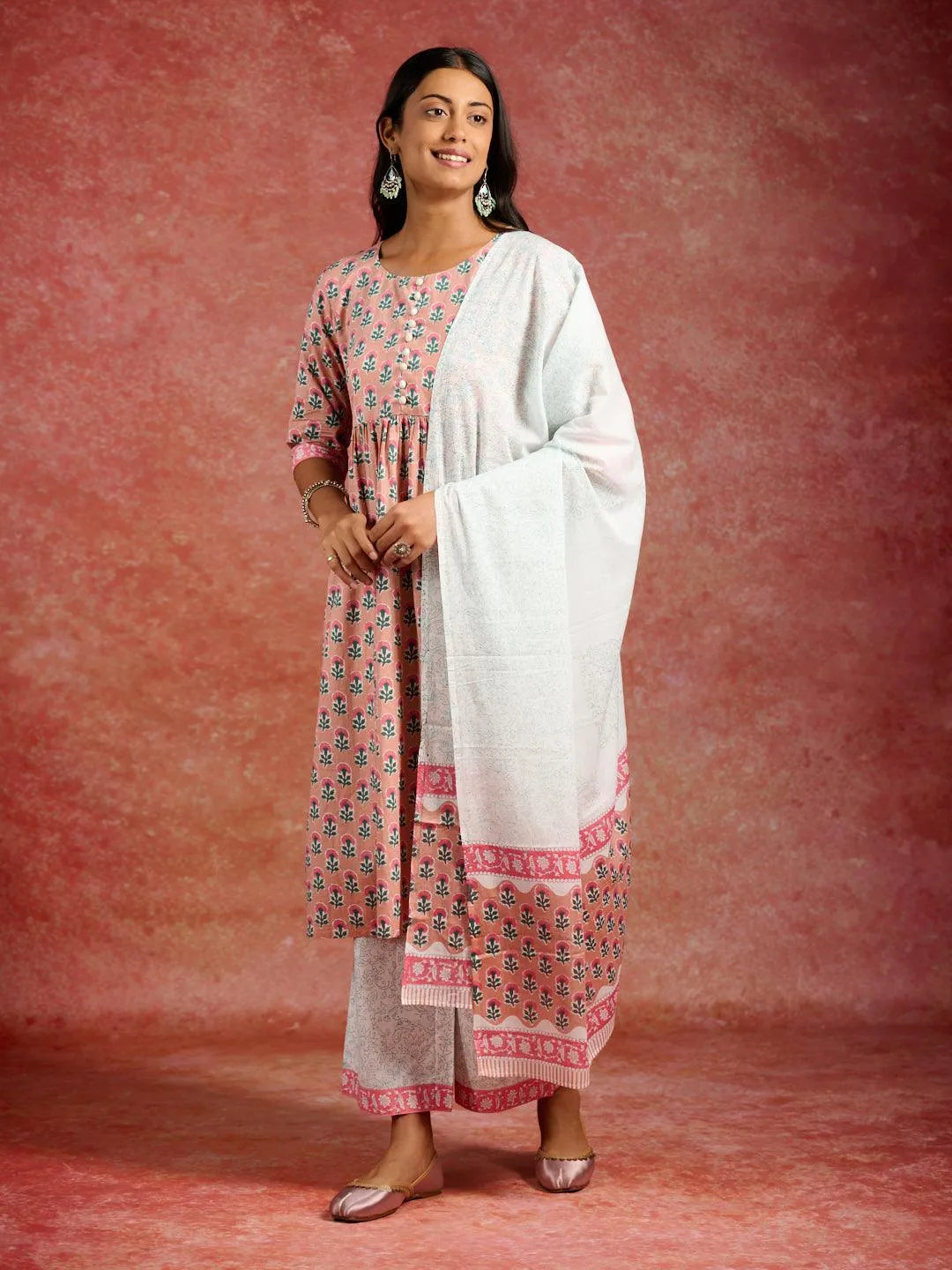 Anouk Peach Printed Cotton A-Line Kurta With Palazzos & Dupatta