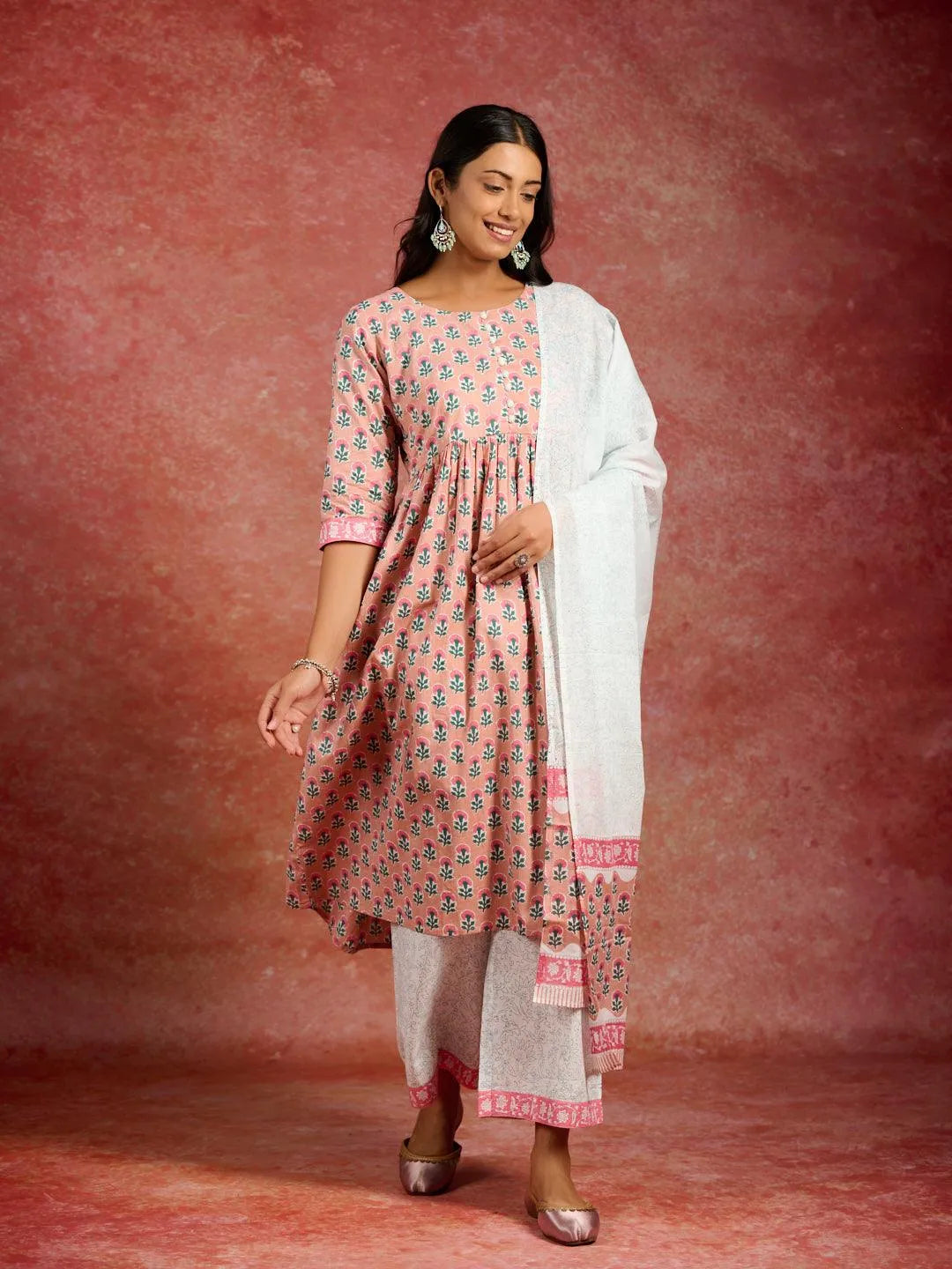 Anouk Peach Printed Cotton A-Line Kurta With Palazzos & Dupatta