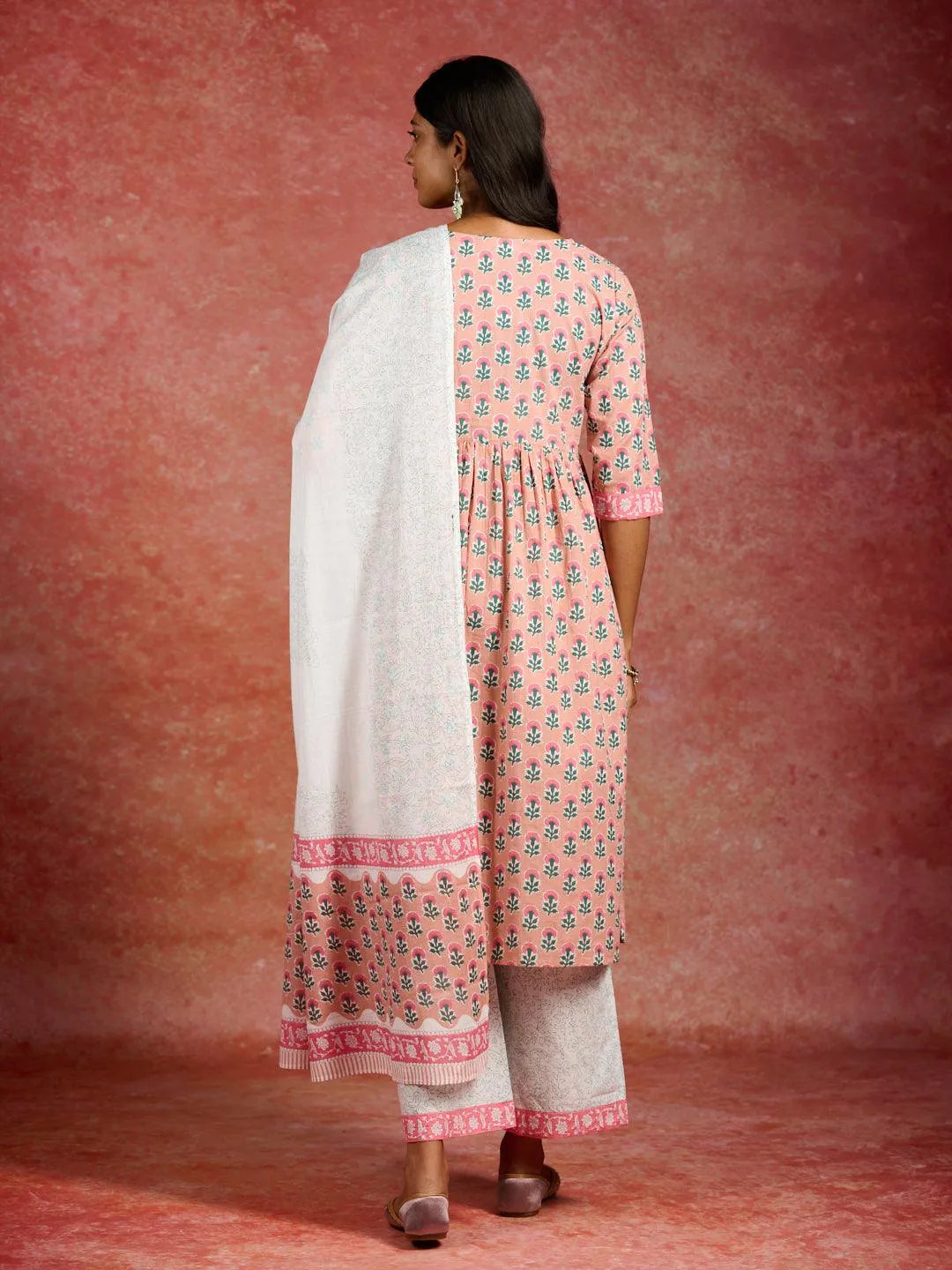 Anouk Peach Printed Cotton A-Line Kurta With Palazzos & Dupatta