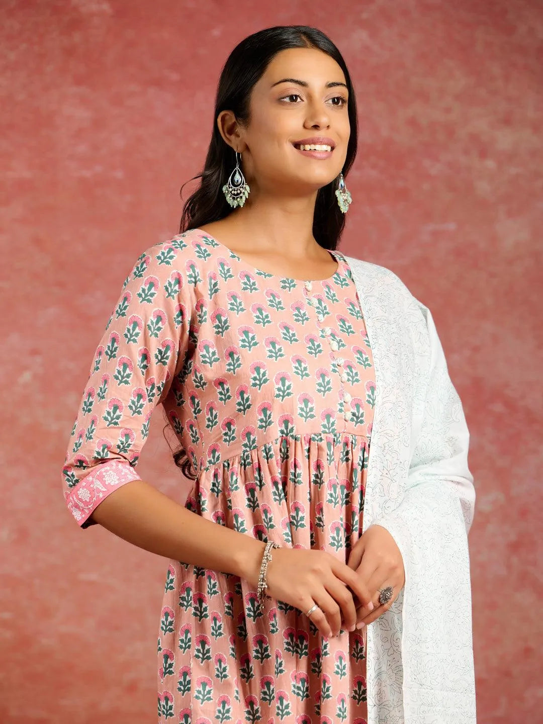 Anouk Peach Printed Cotton A-Line Kurta With Palazzos & Dupatta